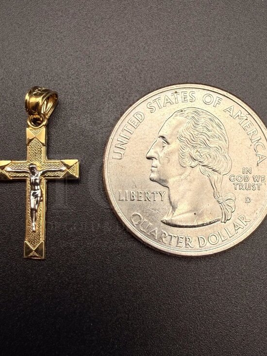 14K Gold Cross Religious Charm Pendant with 0.8mm Box Chain  14K Two Tone Gold Crucufix Pendant With 0.8mm Box Chain - 24 inch